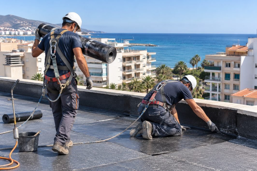 Operarios de Tejasalou colocando lámina impermeabilizante en una cubierta de Salou